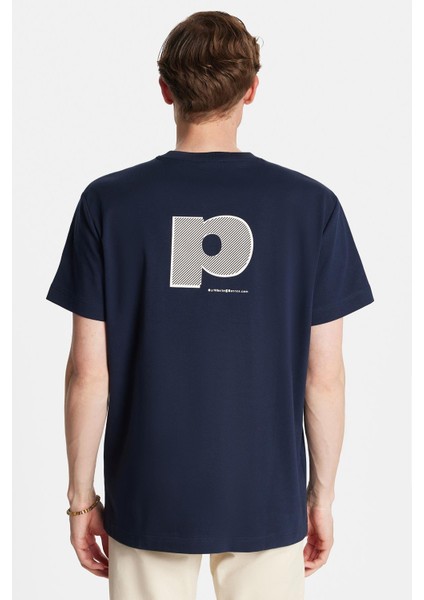 Relax Fit Rahat Kesim Pamuklu Ön ve Arka Baskı ve Nakış Detaylı Bisiklet Yaka lacivert Erkek Tişört indirimleri