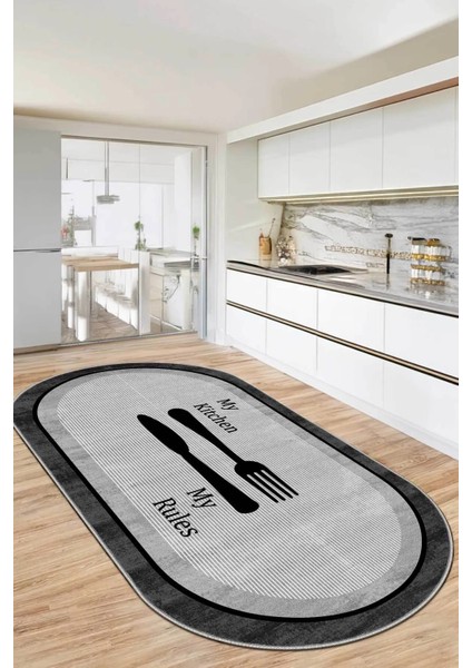 Dijital Yıkanabilir Kaymaz Gri Antrasit Oval Mutfak Halısı Mutfak Dekorasyon DC-5095 Oval