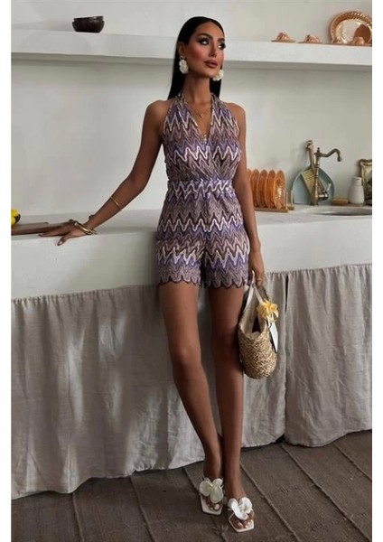 Zikzak Desenli Multi Renk Geçişli Mini Tulum 1365