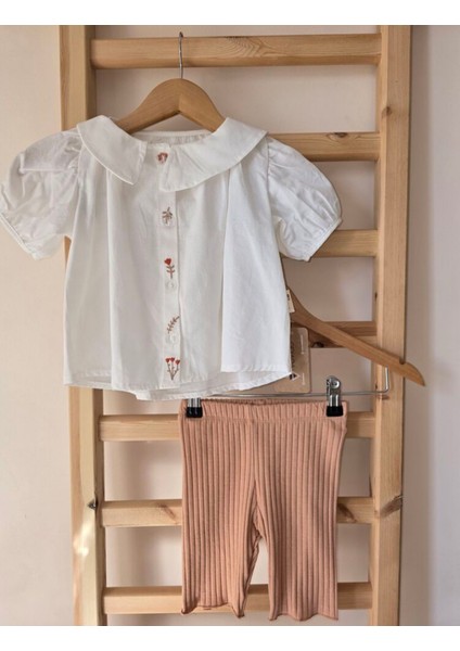 Beyaz Nakışlı Gömlekli Kız Çocuk Takım