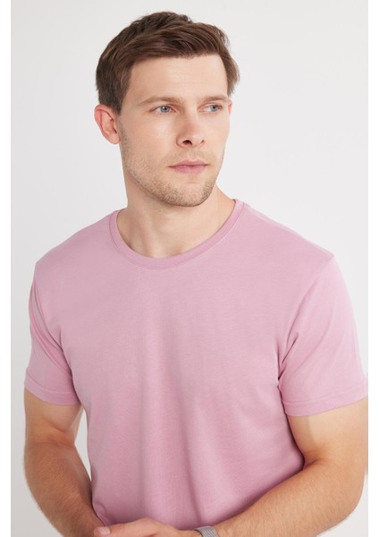 Unisex Slim Fit Dar Kesim %100 Pamuk Yumuşak Dokulu Lila Bisiklet Yaka Tişört