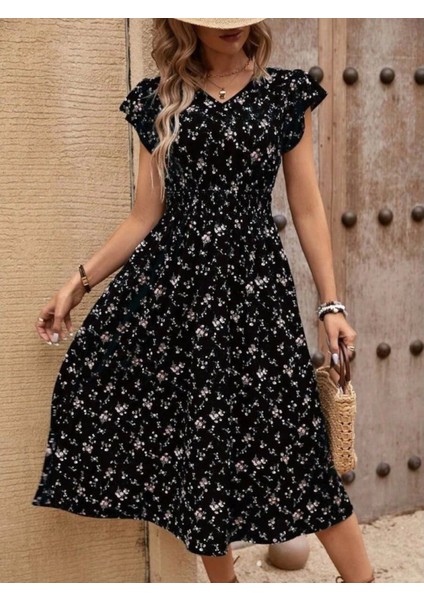 Kadın Kısa Kollu V Yakalı Beli Lastikli Çiçek Desenli Süprem Elbise