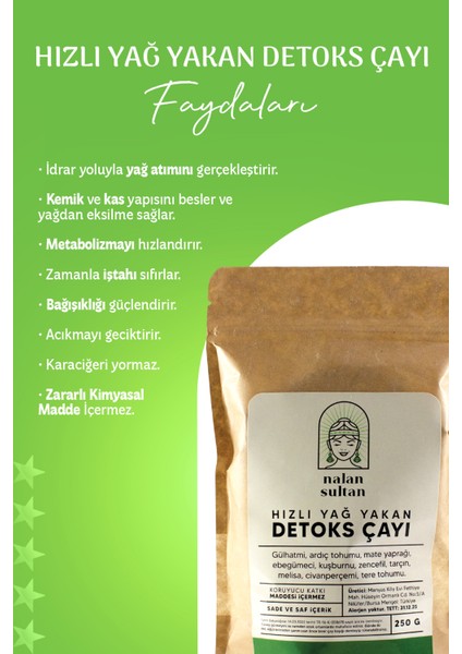 | Hızlı Yağ Yakan Detoks Çayı, %100 Naturel Detoks Tea, Saf İçerik, Özel Formül (1 Aylık) 250 gr