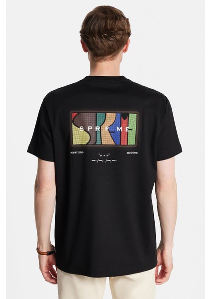 Relax Fit Rahat Kesim Pamuklu Ön ve Arka Baskı ve Nakış Detaylı Bisiklet Yaka Beyaz Siyah Tişört indirimleri