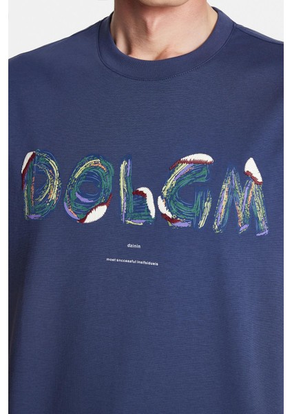 Relax Fit Rahat Kesim Pamuklu Ön Baskı ve Nakış Detaylı Bisiklet Yaka Indigo Erkek Tişört modelleri