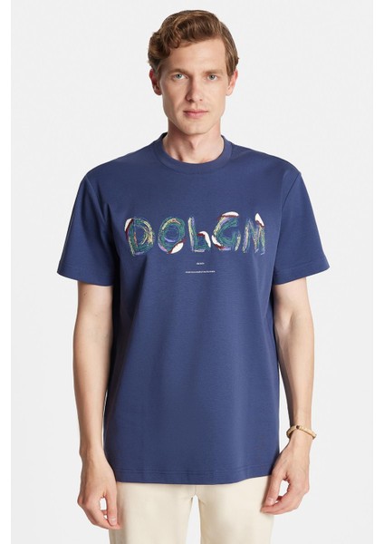 Relax Fit Rahat Kesim Pamuklu Ön Baskı ve Nakış Detaylı Bisiklet Yaka Indigo Erkek Tişört fırsatları