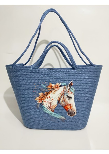 Beach Handmade Kadın Omuz Çantası, Kadın Plaj Kol Çantası, El Yapımı Mavi At Baskılı Hediyelik Çanta