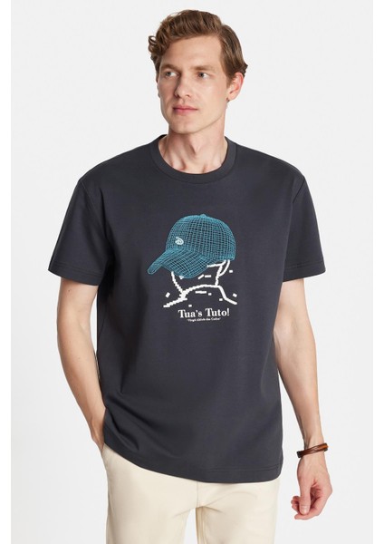 Relax Fit Rahat Kesim Pamuklu Ön Baskı ve Nakış Detaylı Bisiklet Yaka antrasit Erkek Tişört fiyatları