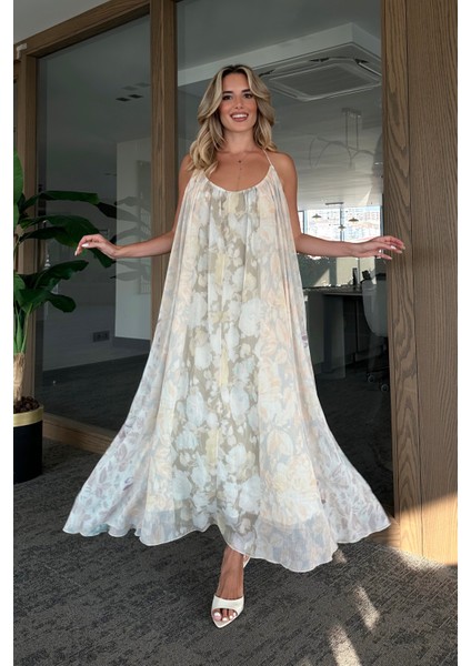 Taş Çiçek Desenli Askılı Dökümlü Elbise