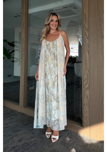 Taş Çiçek Desenli Askılı Dökümlü Elbise fiyatları