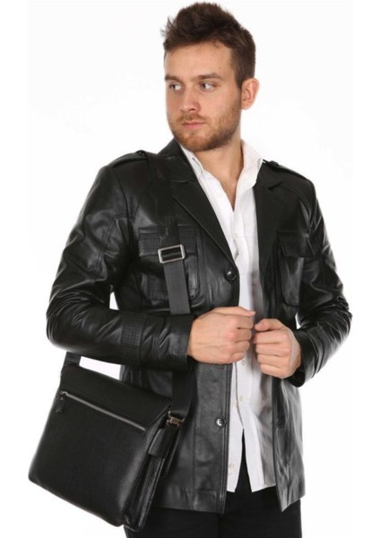 Hakiki Deri Siyah Gömlek Yaka Cepli Erkek Deri Ceket