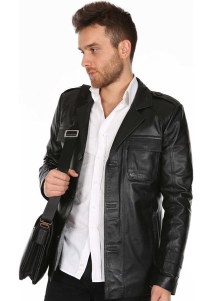 Hakiki Deri Siyah Gömlek Yaka Cepli Erkek Deri Ceket modelleri