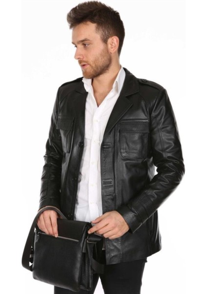 Hakiki Deri Siyah Gömlek Yaka Cepli Erkek Deri Ceket fırsatları