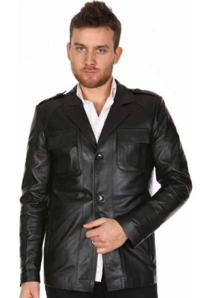 Hakiki Deri Siyah Gömlek Yaka Cepli Erkek Deri Ceket indirimleri