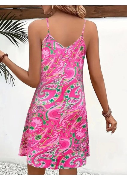 Kadın Ip Askılı V Yakalı Desenli Kısa Süprem Mini Elbise