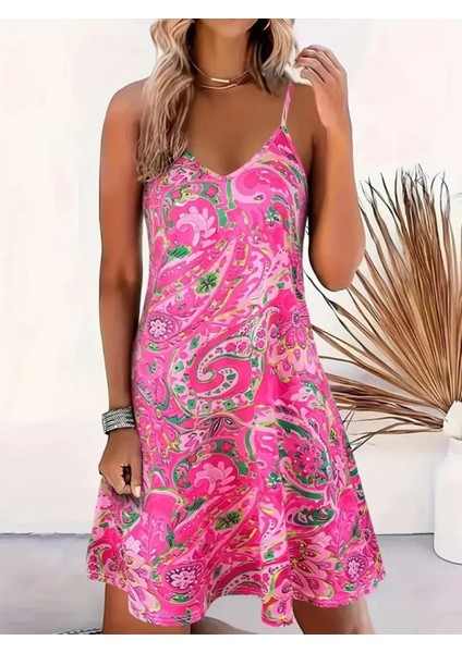 Kadın Ip Askılı V Yakalı Desenli Kısa Süprem Mini Elbise modelleri