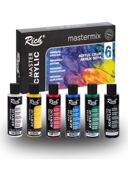 Rich Mastermix Akrilik Boya 6 Renk 60 ml 1 Paket Ana Renkler Akrilik Boya 6 Lı Profesyonel Tuval Canvas