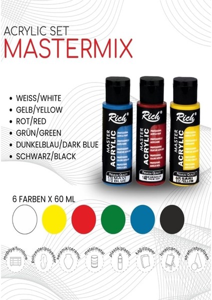Rich Mastermix Akrilik Boya 6 Renk 60 ml 1 Paket Ana Renkler Akrilik Boya 6 Lı Profesyonel Tuval Canvas fiyatları