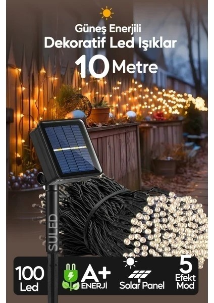 10 Metre Solar Enerjili Dekoratif 100 LED Işık Bahçe Balkon ve Süsleme Ledleri Gün Işığı