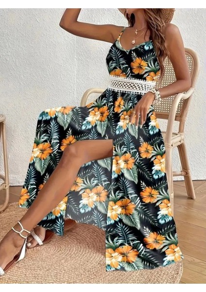 Kadın Ip Askılı V Yakalı Bel Güpür Çiçek Desenli Yandan Yırtmaçlı Maksi Süprem Elbise modelleri