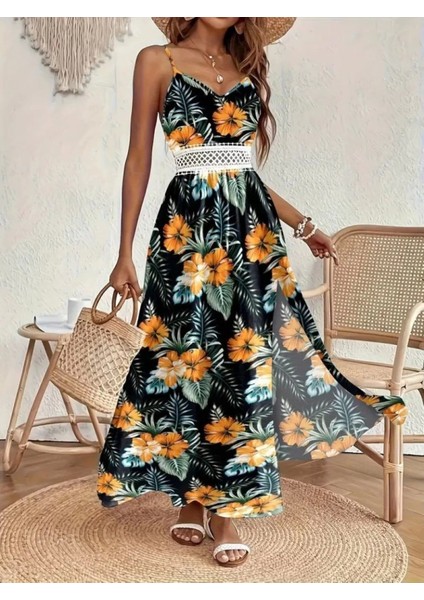 Kadın Ip Askılı V Yakalı Bel Güpür Çiçek Desenli Yandan Yırtmaçlı Maksi Süprem Elbise fırsatları