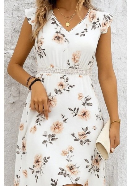 Kadın Kısa Kollu V Yakalı Çiçek Desenli Önü Kısa Arkası Uzun Pegasus Elbise