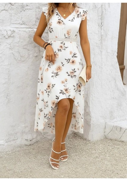Kadın Kısa Kollu V Yakalı Çiçek Desenli Önü Kısa Arkası Uzun Pegasus Elbise modelleri