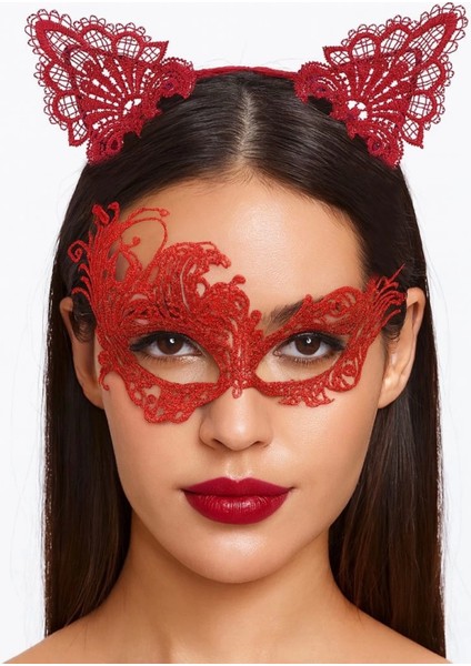 Gizeemli Kırmızı Dantel Maske ve Taç Seti 1 No - Kostüm Seti