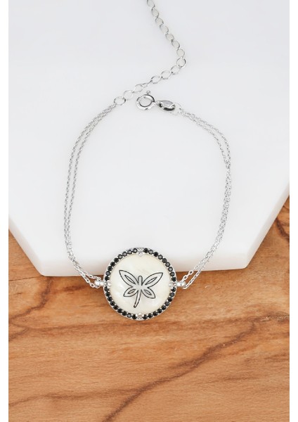 Yusufçuk Motifli Rodyumlu Gümüş Sedef Bayan Bileklik