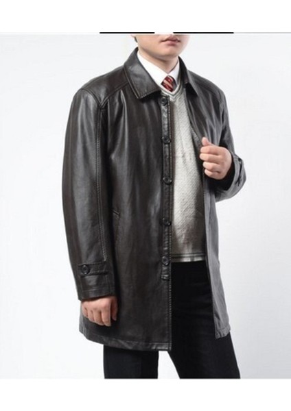 Hakiki Deri Siyah Gömlek Yaka Uzun Erkek Deri Ceket