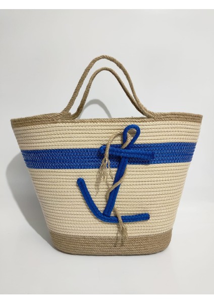 Handmade Kadın Omuz Çantası, Mavi Ekru El Yapımı Plaj Çantası, Hediyelik Çapa Desenli Çanta