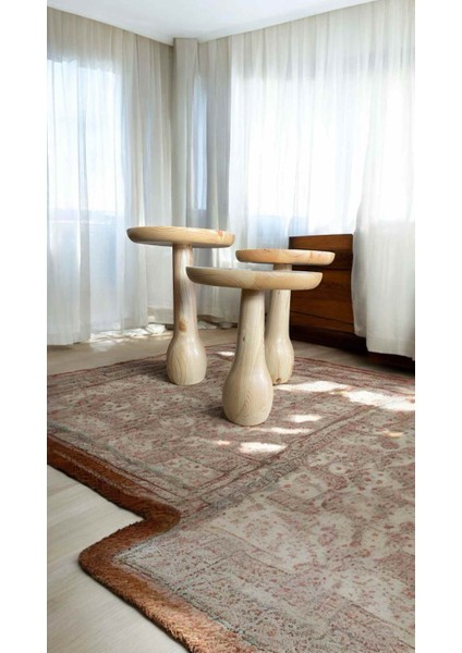 Dekoratif Ahşap Mantar Sehpa 3’lü Set – Naturel Renk Masif Zigon ve Fiskos Model