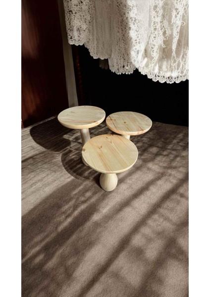 Dekoratif Ahşap Mantar Sehpa 3’lü Set – Naturel Renk Masif Zigon ve Fiskos Model fiyatları