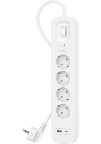 4'lü Yüksek Gerilim Korumalı Çoklu Priz, Hızlı Şarj Için USB C Pd'li Usb-C ve Usb-A, 525 Jul Koruma 2m, Beyaz fırsatları