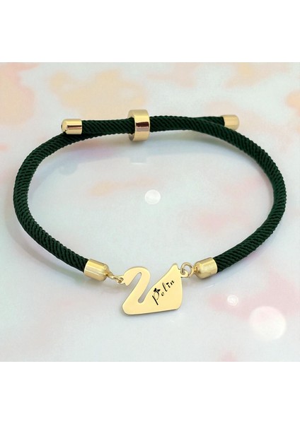 14 Ayar Altın Plakalı Pelin Ismine Özel Kuğu Kuşu Figürlü Koyu Yeşil Örgülü Hediye BILEKLIK-607ISIM fiyatları