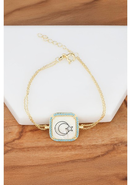Ayyıldız Motifli Firuze Taşlı Gümüş Sedef Bayan Bileklik