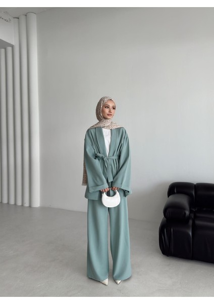 Kadın Oversize Dokuma Kumaş Kuşaklı Tunik-Pantolon Alt Üst Takım,ikili Takım