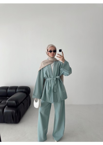 Kadın Oversize Dokuma Kumaş Kuşaklı Tunik-Pantolon Alt Üst Takım,ikili Takım fırsatları