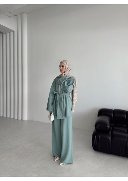 Kadın Oversize Dokuma Kumaş Kuşaklı Tunik-Pantolon Alt Üst Takım,ikili Takım indirimleri