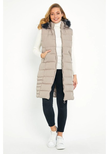 Kadın Taş Uzun Yelek Kapüşon Kürklü 5003