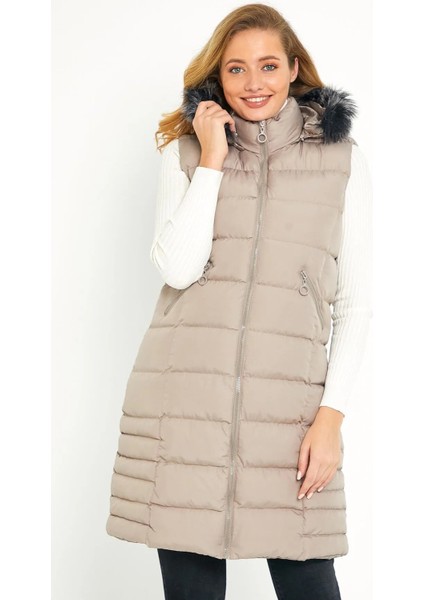 Kadın Taş Uzun Yelek Kapüşon Kürklü 5003 fiyatları