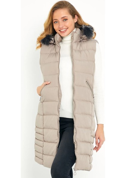 Kadın Taş Uzun Yelek Kapüşon Kürklü 5003 modelleri