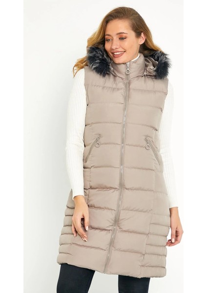 Kadın Taş Uzun Yelek Kapüşon Kürklü 5003 fırsatları