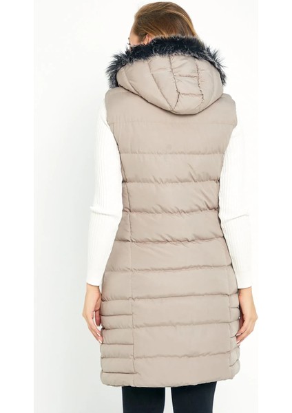 Kadın Taş Uzun Yelek Kapüşon Kürklü 5003 indirimleri