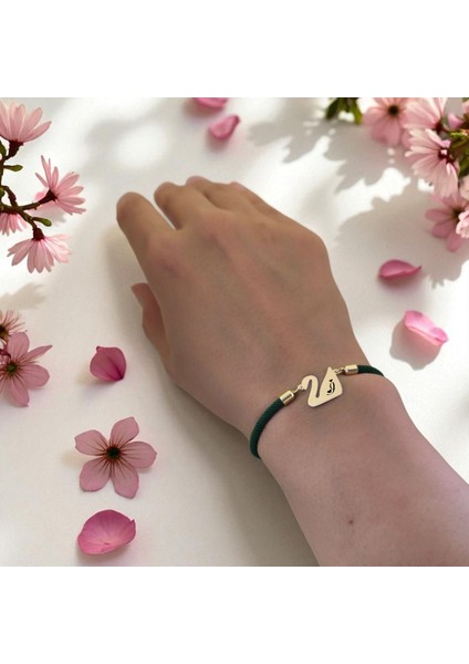 14 Ayar Plakalı Altın I Harfine Özel Koyu Yeşil Örgülü Kuğu Kuşu Figürlü Hediye BILEKLIK-607HARF