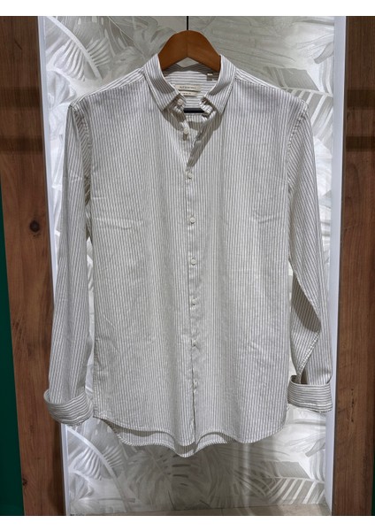 Erkek Uzun Kollu Çizgili Bej Yazlık Gömlek 6087-12