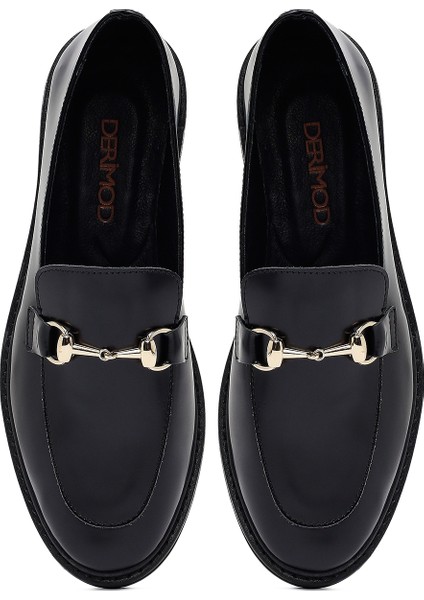 Kadın Siyah Tokalı Deri Maskülen Loafer 25AFD130426