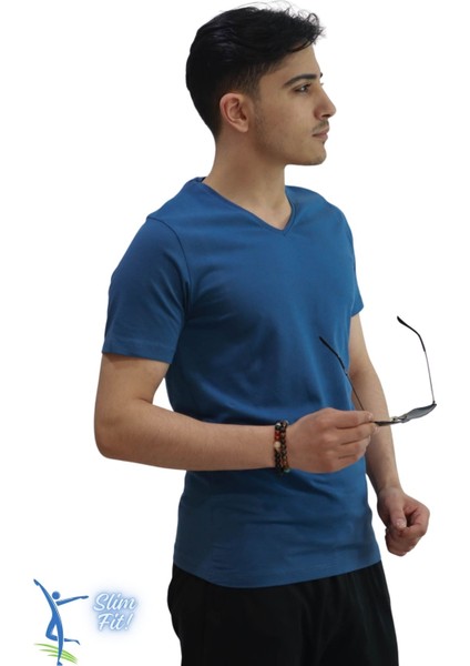 Erkek Slim Fit V Yaka Tişört - Dar Kesim Basic Günlük T-Shirt Petrol Mavi