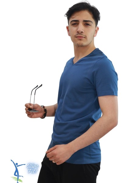 Erkek Slim Fit V Yaka Tişört - Dar Kesim Basic Günlük T-Shirt Petrol Mavi modelleri