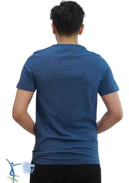 Erkek Slim Fit V Yaka Tişört - Dar Kesim Basic Günlük T-Shirt Petrol Mavi fırsatları